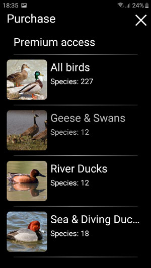 Mobile field Guide app Birds of North America: Songs, Calls and Decoys - in-app purchase page