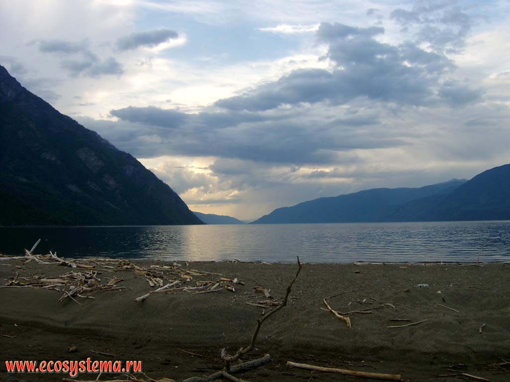 View of the Lake Teletskoe (north) with a sand spit (estuary bar)  Cape Kyrsay. Upper (southern) portion of the Teletskoye lake, Ulagansky District, Altai Republic