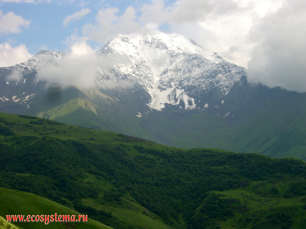 One of the peaks of the Main Caucasus range with high-altitude zone - deciduous forests in the foothills, subalpine and Alpine meadows in the Midlands and Nival zone in the upper part